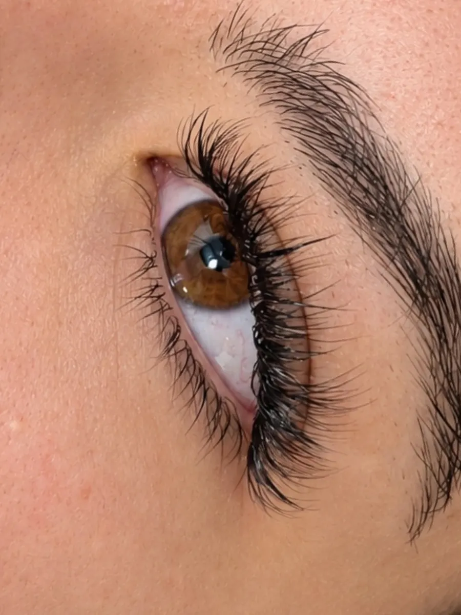 Volumen-Wimpernverlängerung an braunem Auge, Seidenblick Dortmund